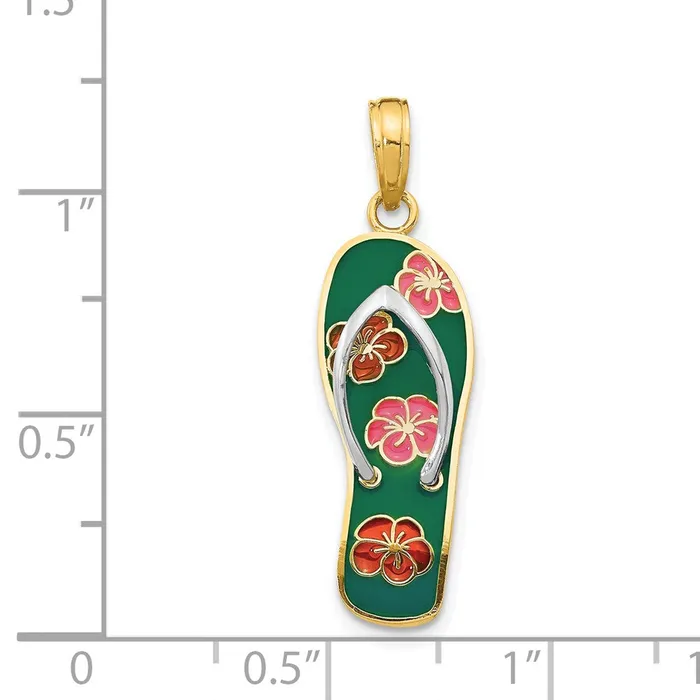 Necklaces TreasureFineJewelers 14k Yellow Gold Rhodium Rhodium 3D Enameled Flowers On Green Flip Flop Pendant