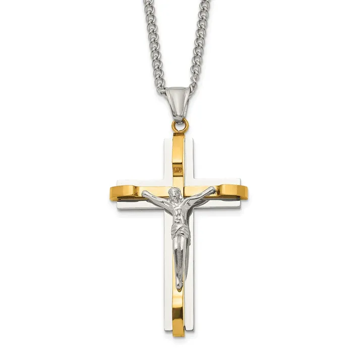 Necklaces TreasureFineJewelers Chisel Stainless Steel Polished Yellow IPplated Crucifix Pendant on a 24 inch Curb Chain Necklace Necklaces TreasureFineJewelers Chisel Stainless Steel Polished Yellow IPplated Crucifix Pendant on a 24 inch Curb Chain Necklace