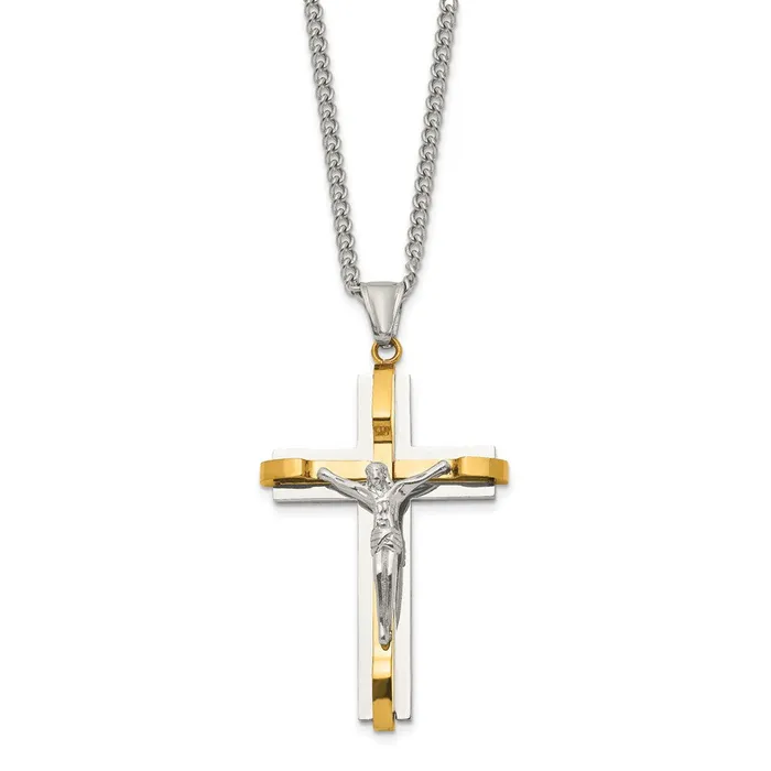 Necklaces TreasureFineJewelers Chisel Stainless Steel Polished Yellow IPplated Crucifix Pendant on a 24 inch Curb Chain Necklace