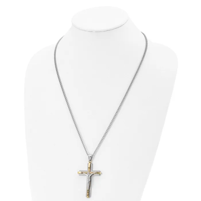 Necklaces TreasureFineJewelers Chisel Stainless Steel Polished Yellow IPplated Crucifix Pendant on a 24 inch Curb Chain Necklace