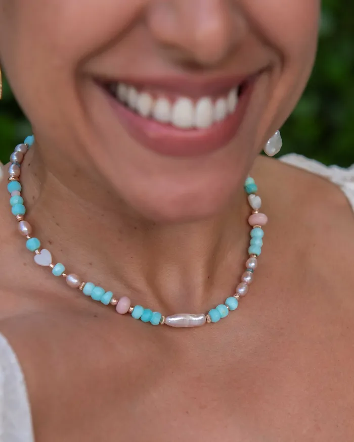 Necklaces Vida Jewelry Designs Biwa Pearl Blue Opal Gemstone Necklace in Rose Gold Necklaces Vida Jewelry Designs Biwa Pearl Blue Opal Gemstone Necklace in Rose Gold