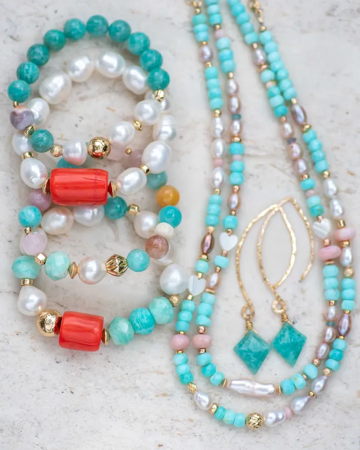 Necklaces Vida Jewelry Designs Biwa Pearl Blue Opal Gemstone Necklace in Rose Gold