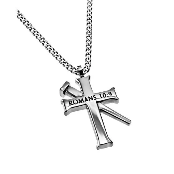 North Arrow Shop Necklaces ROMANS 109 Cross and Nail Necklace with Bible Verse Stainless Steel Curb Chain North Arrow Shop Necklaces ROMANS 109 Cross and Nail Necklace with Bible Verse Stainless Steel Curb Chain