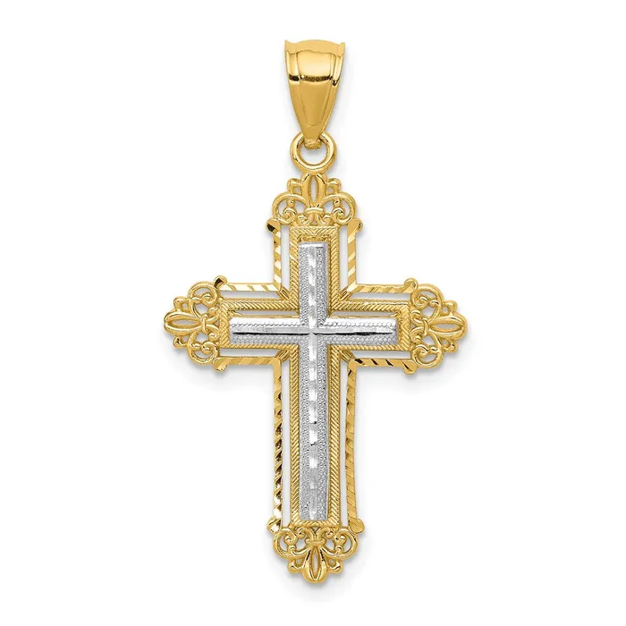 TreasureFineJewelers 14k Twotone Fleur De Lis Cross Pendant Rings