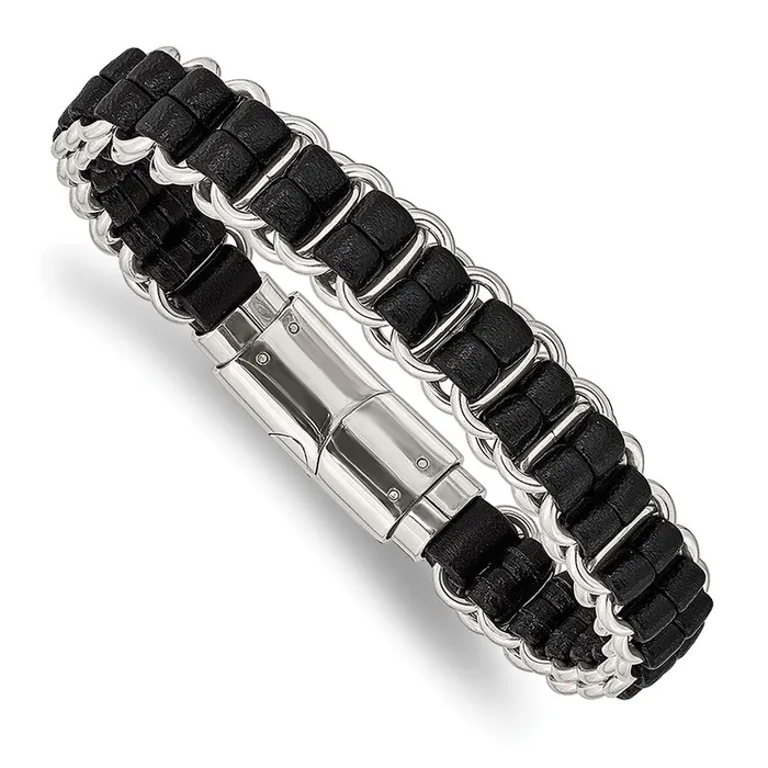 TreasureFineJewelers Bracelets Chisel Stainless Steel Polished Black Leather 85 inch Bracelet TreasureFineJewelers Bracelets Chisel Stainless Steel Polished Black Leather 85 inch Bracelet