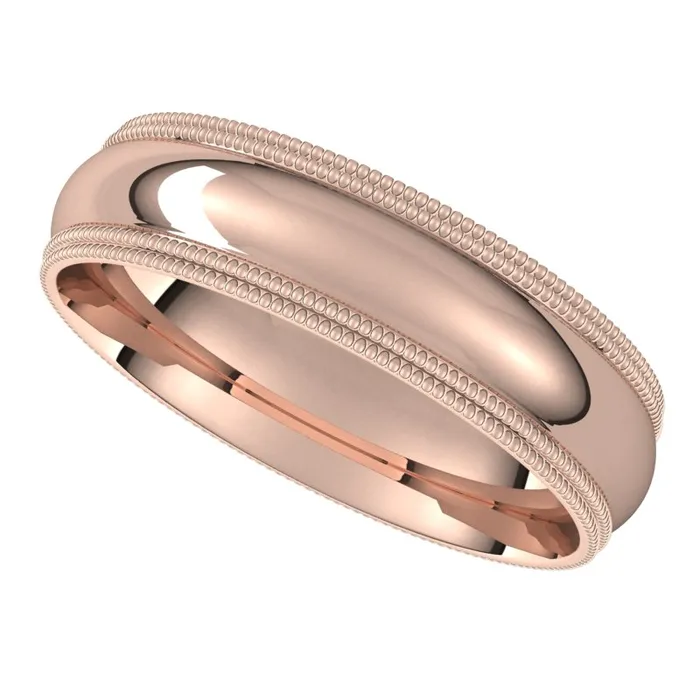 TreasureFineJewelers Rings 14K Rose Gold 5 mm double milgrain half round comfort fit Wedding Band