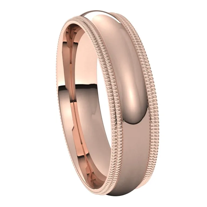 TreasureFineJewelers Rings 14K Rose Gold 5 mm double milgrain half round comfort fit Wedding Band