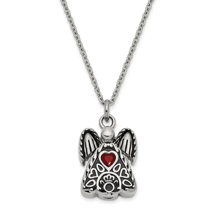 TreasureFineJewelers Sentimental Expressions Stainless Steel Red CZ July Birthstone Antiqued Angel Ash Holder 18 inch Necklace Necklaces TreasureFineJewelers Sentimental Expressions Stainless Steel Red CZ July Birthstone Antiqued Angel Ash Holder 18 inch Necklace Necklaces