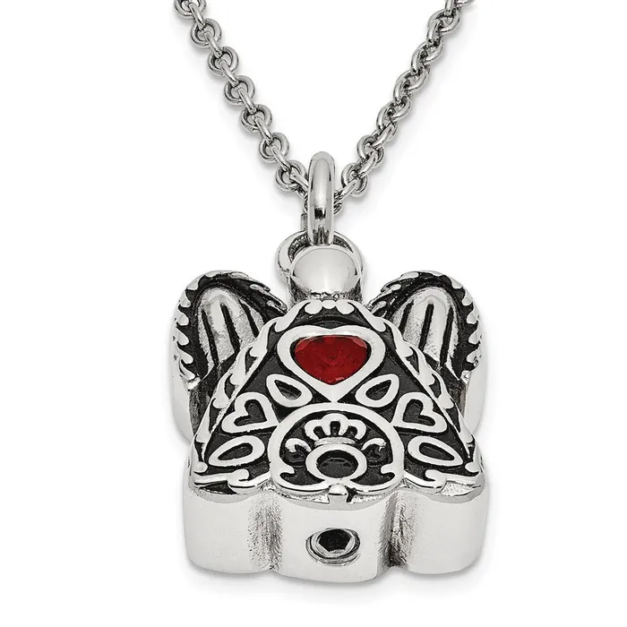 TreasureFineJewelers Sentimental Expressions Stainless Steel Red CZ July Birthstone Antiqued Angel Ash Holder 18 inch Necklace Necklaces