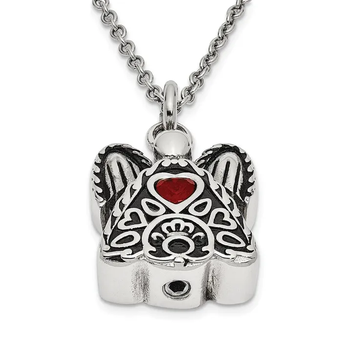 TreasureFineJewelers Sentimental Expressions Stainless Steel Red CZ July Birthstone Antiqued Angel Ash Holder 18 inch Necklace Necklaces