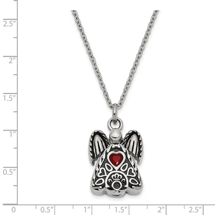 TreasureFineJewelers Sentimental Expressions Stainless Steel Red CZ July Birthstone Antiqued Angel Ash Holder 18 inch Necklace Necklaces