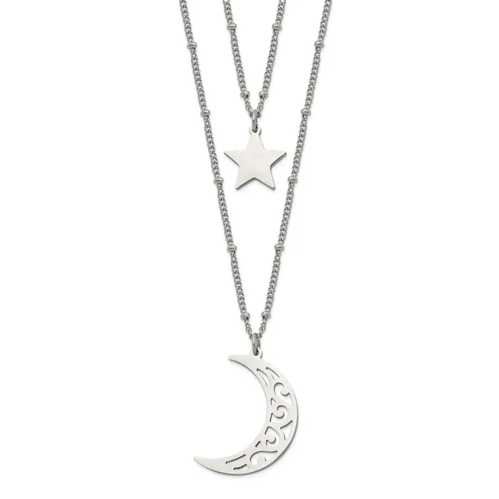 TreasureFineJewelers Stainless Steel Polished 2 Strand Beaded Star and Moon 30in Necklace Necklaces TreasureFineJewelers Stainless Steel Polished 2 Strand Beaded Star and Moon 30in Necklace Necklaces