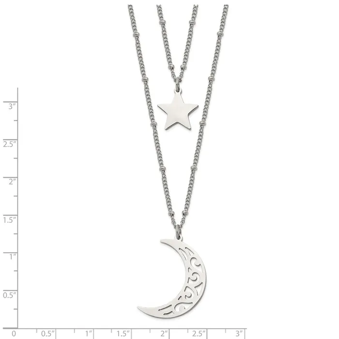 TreasureFineJewelers Stainless Steel Polished 2 Strand Beaded Star and Moon 30in Necklace Necklaces