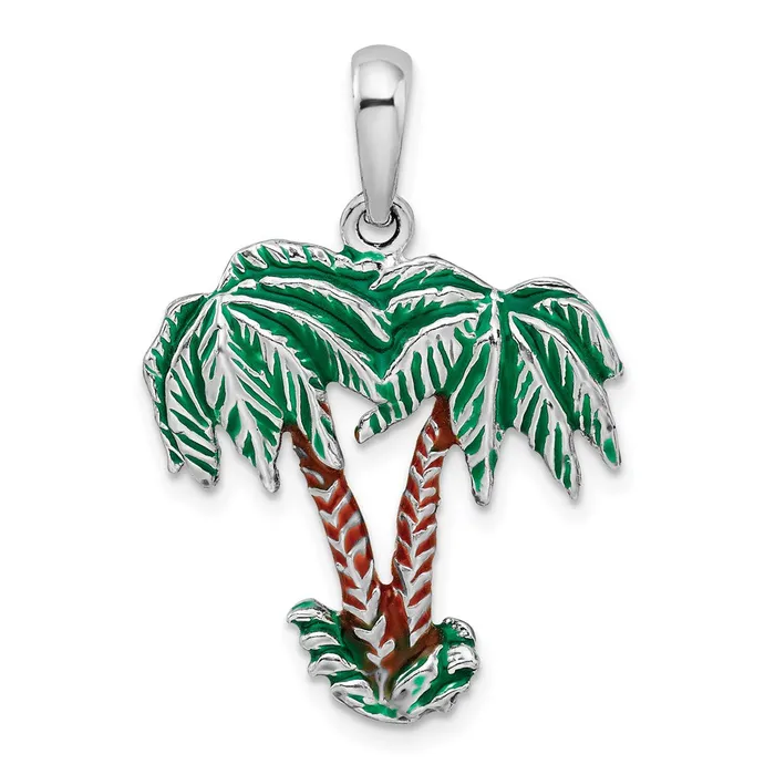 TreasureFineJewelers Sterling Silver Polished Enameled Palm Trees Pendant Necklaces TreasureFineJewelers Sterling Silver Polished Enameled Palm Trees Pendant Necklaces