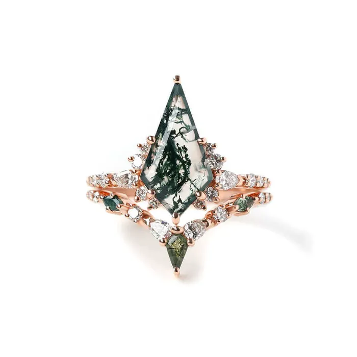 Trendolla Jewelry Rings Trendolla 14K Gold Double Triangle Moss Agate And CZ Diamond Ring Set Trendolla Jewelry Rings Trendolla 14K Gold Double Triangle Moss Agate And CZ Diamond Ring Set
