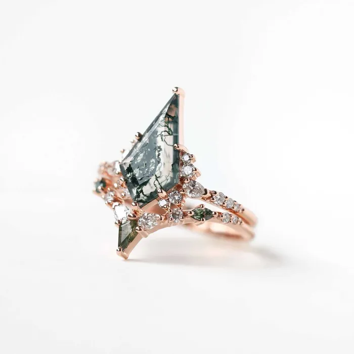 Trendolla Jewelry Rings Trendolla 14K Gold Double Triangle Moss Agate And CZ Diamond Ring Set