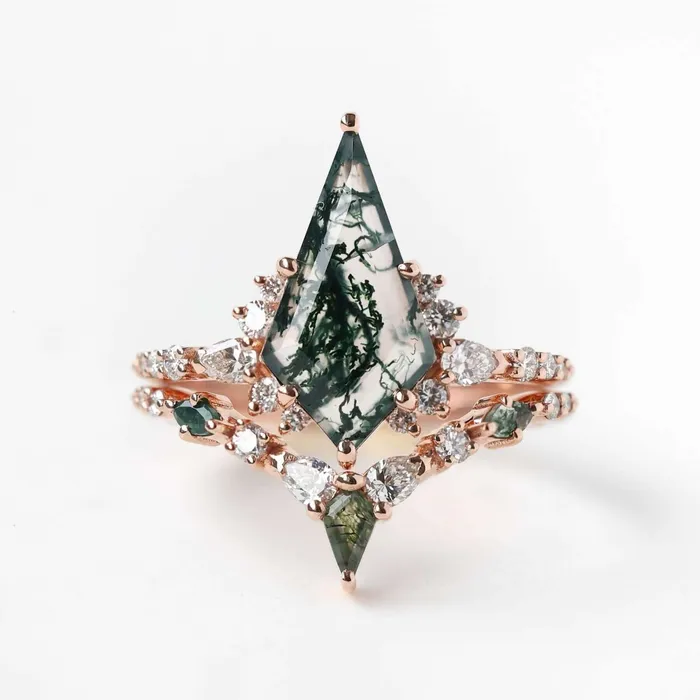 Trendolla Jewelry Rings Trendolla 14K Gold Double Triangle Moss Agate And CZ Diamond Ring Set
