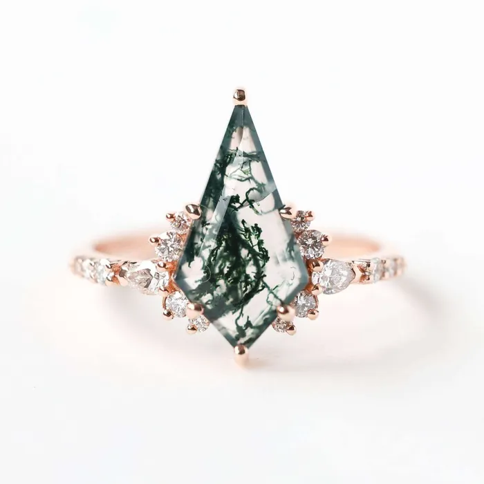 Trendolla Jewelry Rings Trendolla 14K Gold Double Triangle Moss Agate And CZ Diamond Ring Set