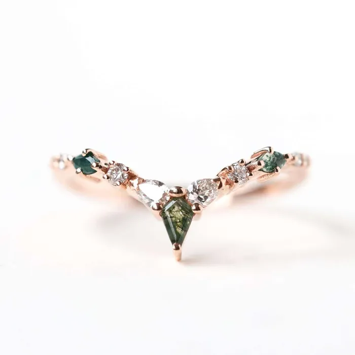 Trendolla Jewelry Rings Trendolla 14K Gold Double Triangle Moss Agate And CZ Diamond Ring Set