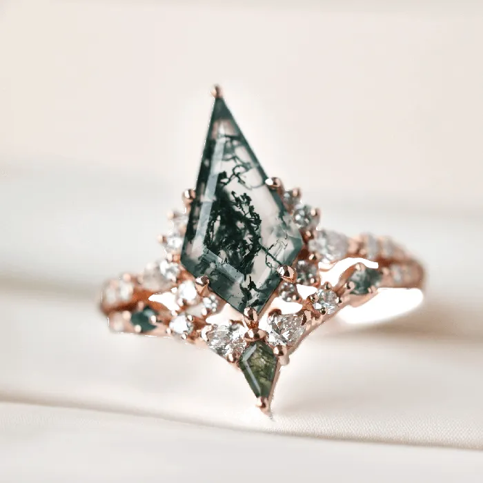 Trendolla Jewelry Rings Trendolla 14K Gold Double Triangle Moss Agate And CZ Diamond Ring Set