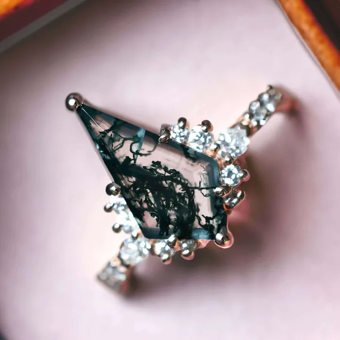 Trendolla Jewelry Rings Trendolla 14K Gold Double Triangle Moss Agate And CZ Diamond Ring Set