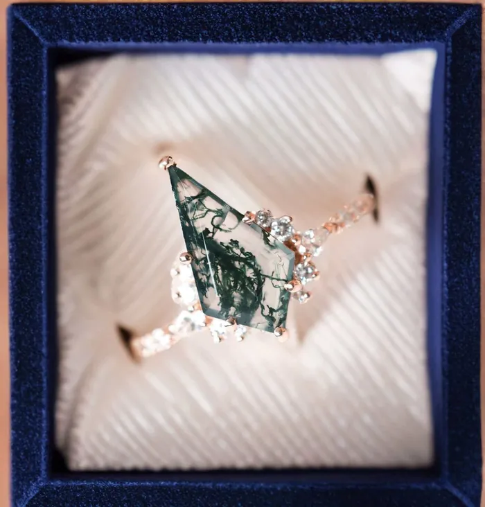 Trendolla Jewelry Rings Trendolla 14K Gold Double Triangle Moss Agate And CZ Diamond Ring Set