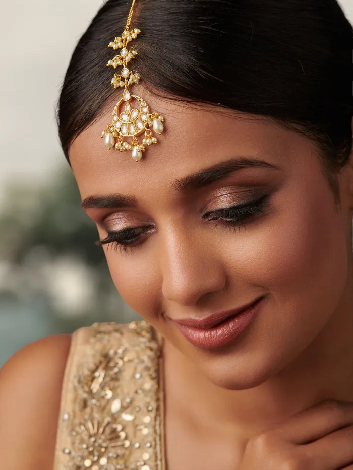 Earrings Curio Cottage 18 KT PearlKundan Fusion Bridal Maang Tikka