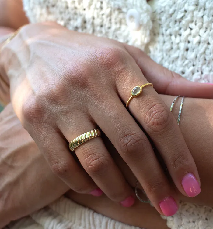 Rings Gold Plated Prehnite Oval Ring Silver Lotus