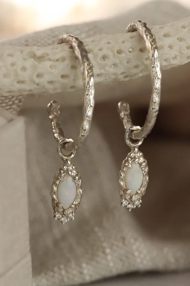 Textured 1 Inch Hoops with Opal and Diamond Concha Charm in Sterling Silver Lacee Alexandra Rings Textured 1 Inch Hoops with Opal and Diamond Concha Charm in Sterling Silver Lacee Alexandra Rings
