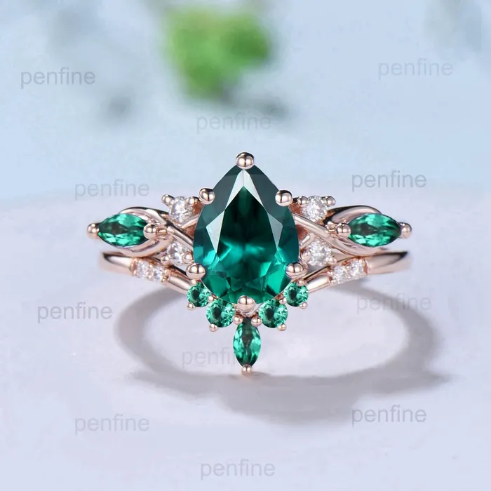 125CT Lab Emerald Wedding Ring Set Teardrop Emerald Engagement Ring Set Unique 14k Rose Gold Floral Marquise May Birthstone Bridal Set PENFINE Rings 125CT Lab Emerald Wedding Ring Set Teardrop Emerald Engagement Ring Set Unique 14k Rose Gold Floral Marquise May Birthstone Bridal Set PENFINE Rings