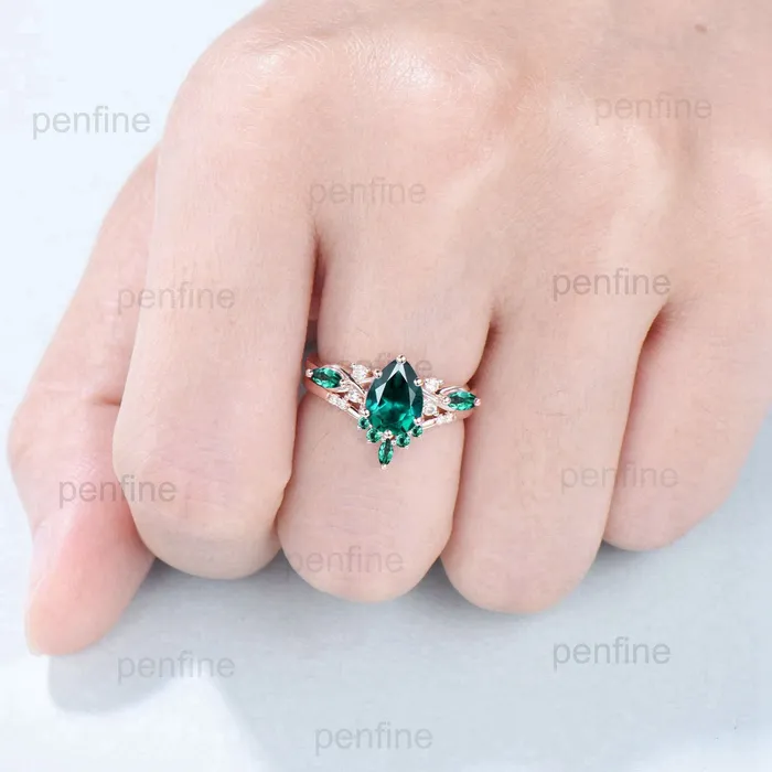 125CT Lab Emerald Wedding Ring Set Teardrop Emerald Engagement Ring Set Unique 14k Rose Gold Floral Marquise May Birthstone Bridal Set PENFINE Rings 125CT Lab Emerald Wedding Ring Set Teardrop Emerald Engagement Ring Set Unique 14k Rose Gold Floral Marquise May Birthstone Bridal Set PENFINE Rings
