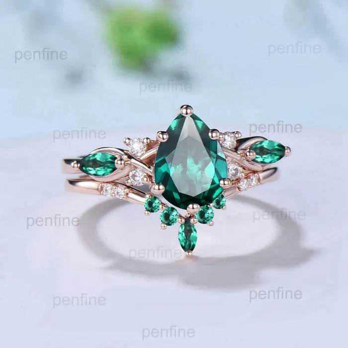 125CT Lab Emerald Wedding Ring Set Teardrop Emerald Engagement Ring Set Unique 14k Rose Gold Floral Marquise May Birthstone Bridal Set PENFINE Rings 125CT Lab Emerald Wedding Ring Set Teardrop Emerald Engagement Ring Set Unique 14k Rose Gold Floral Marquise May Birthstone Bridal Set PENFINE Rings