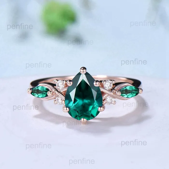 125CT Lab Emerald Wedding Ring Set Teardrop Emerald Engagement Ring Set Unique 14k Rose Gold Floral Marquise May Birthstone Bridal Set PENFINE Rings 125CT Lab Emerald Wedding Ring Set Teardrop Emerald Engagement Ring Set Unique 14k Rose Gold Floral Marquise May Birthstone Bridal Set PENFINE Rings