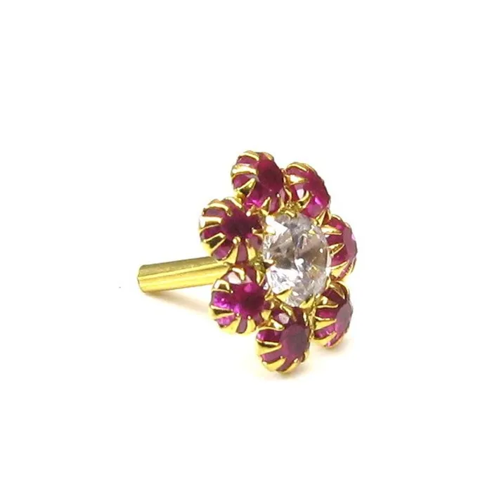 Earrings Karizma Jewels Ethnic Indian Pink CZ Body Piercing Nose stud Pin Solid Real 14k Yellow Gold