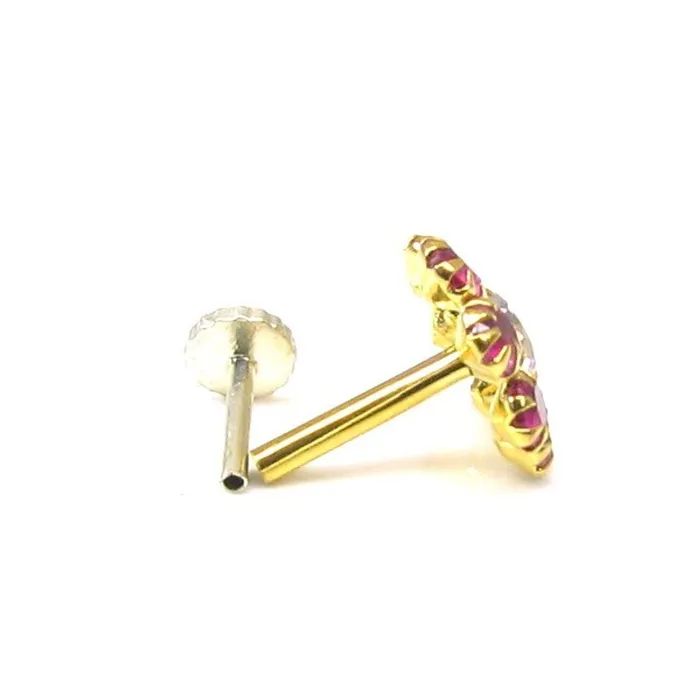 Earrings Karizma Jewels Ethnic Indian Pink CZ Body Piercing Nose stud Pin Solid Real 14k Yellow Gold