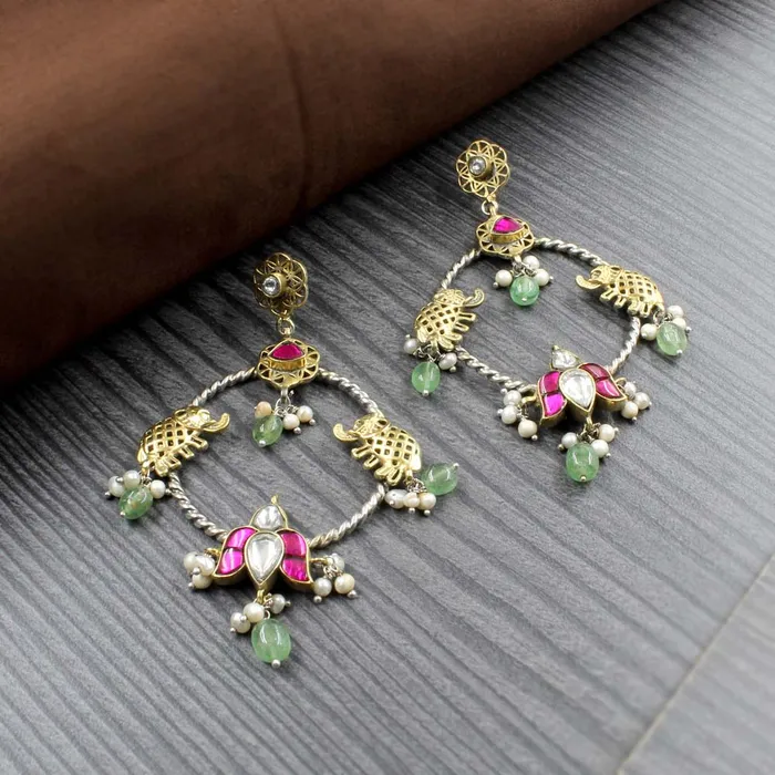 Earrings Karizma Jewels Traditional Style Real Silver Dangle Natural Emerald Pearl Jhumka Two Tone Earrings Earrings Karizma Jewels Traditional Style Real Silver Dangle Natural Emerald Pearl Jhumka Two Tone Earrings
