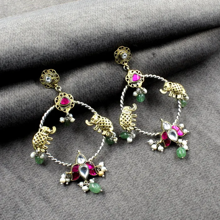 Earrings Karizma Jewels Traditional Style Real Silver Dangle Natural Emerald Pearl Jhumka Two Tone Earrings
