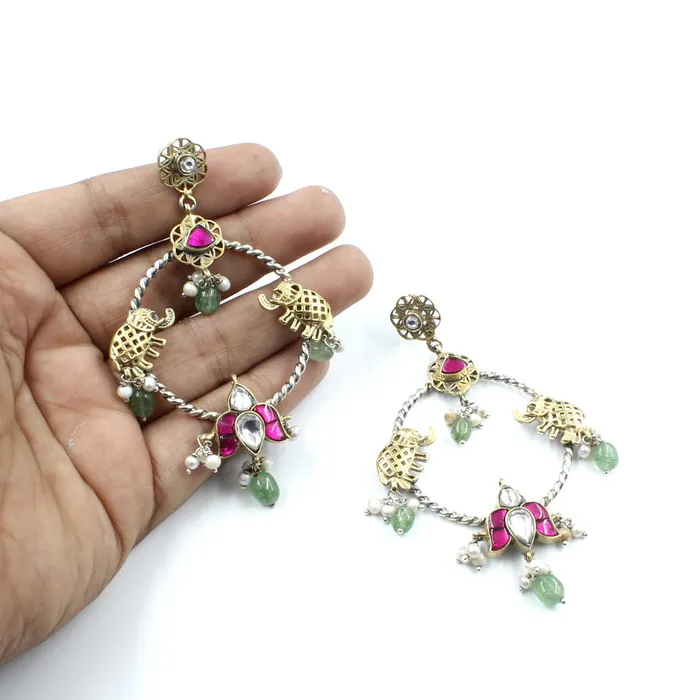 Earrings Karizma Jewels Traditional Style Real Silver Dangle Natural Emerald Pearl Jhumka Two Tone Earrings