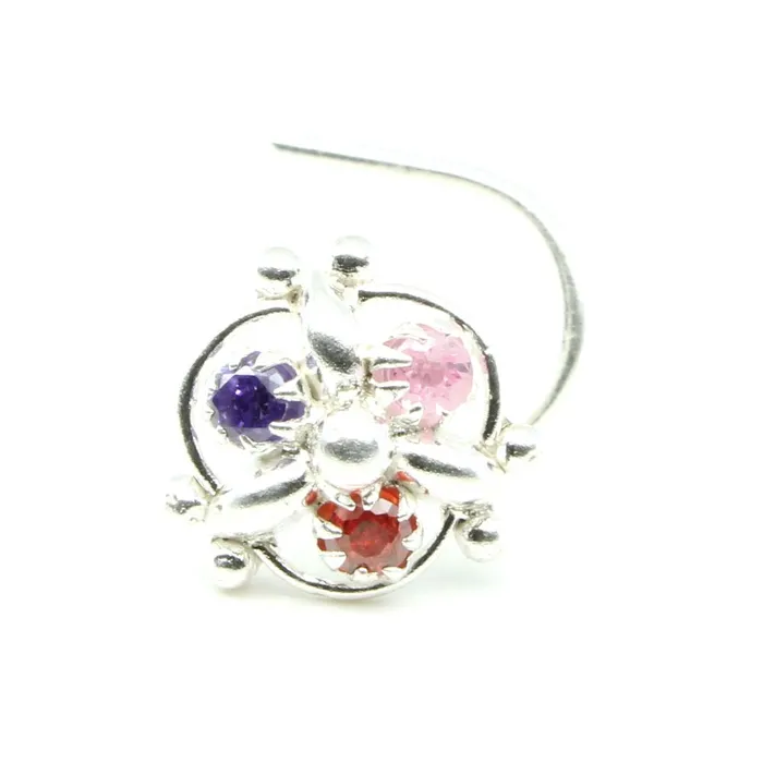 Karizma Jewels Ethnic Indian 925 Sterling Silver Multicolor CZ Studded Corkscrew nose ring 22g Rings Karizma Jewels Ethnic Indian 925 Sterling Silver Multicolor CZ Studded Corkscrew nose ring 22g Rings
