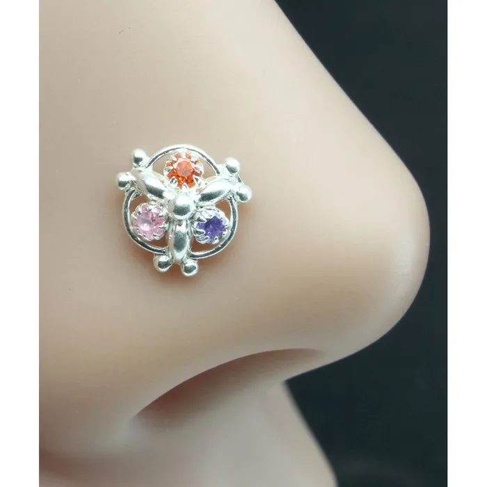 Karizma Jewels Ethnic Indian 925 Sterling Silver Multicolor CZ Studded Corkscrew nose ring 22g Rings
