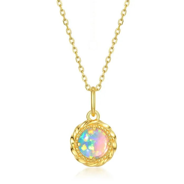 Necklaces PENFINE Vintage fire opal pendant necklace solitaire 7mm round opal pendant yellow gold minimalist October birthstone pendant necklace for women Necklaces PENFINE Vintage fire opal pendant necklace solitaire 7mm round opal pendant yellow gold minimalist October birthstone pendant necklace for women