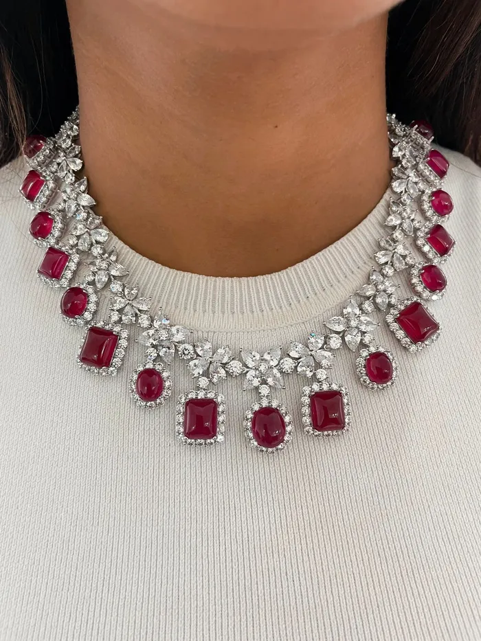 Necklaces PRERTO ECOMMERCE PRIVATE LIMITED Illia Flower Square Oval Ruby Diamond Necklace Set Necklaces PRERTO ECOMMERCE PRIVATE LIMITED Illia Flower Square Oval Ruby Diamond Necklace Set