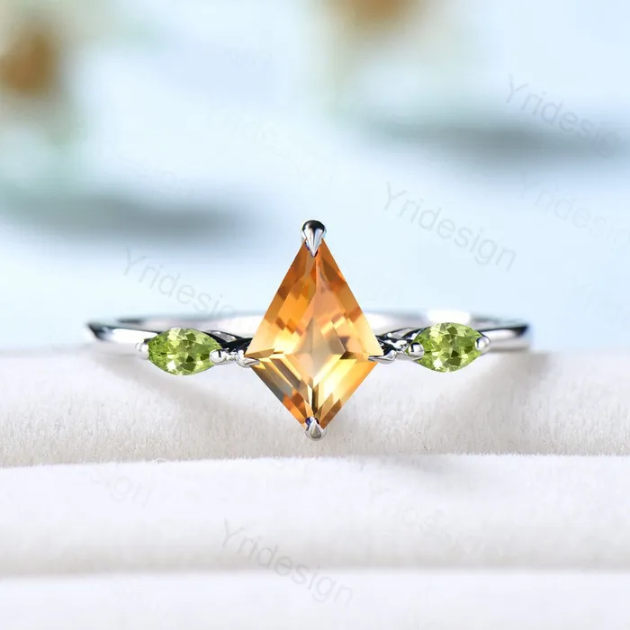 PENFINE Rings Dainty Kite Cut Citrine Engagement Ring Three Stone Simple Minimalist Marquise Peridot Wedding Ring For Women Unique Handmade Proposal Gifts PENFINE Rings Dainty Kite Cut Citrine Engagement Ring Three Stone Simple Minimalist Marquise Peridot Wedding Ring For Women Unique Handmade Proposal Gifts