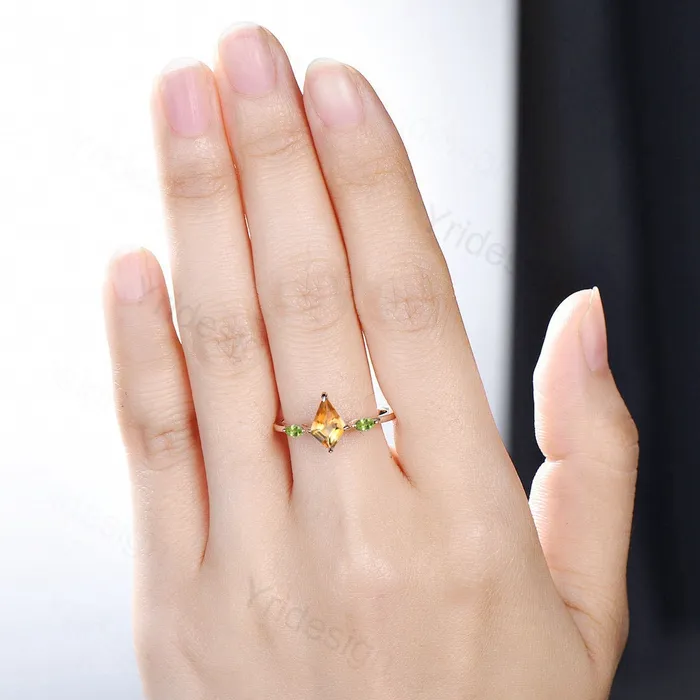 PENFINE Rings Dainty Kite Cut Citrine Engagement Ring Three Stone Simple Minimalist Marquise Peridot Wedding Ring For Women Unique Handmade Proposal Gifts PENFINE Rings Dainty Kite Cut Citrine Engagement Ring Three Stone Simple Minimalist Marquise Peridot Wedding Ring For Women Unique Handmade Proposal Gifts
