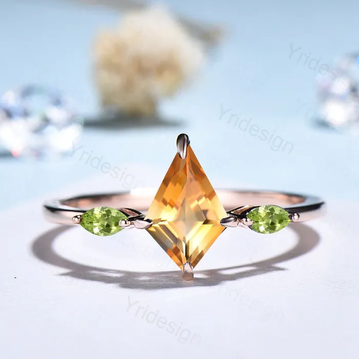 PENFINE Rings Dainty Kite Cut Citrine Engagement Ring Three Stone Simple Minimalist Marquise Peridot Wedding Ring For Women Unique Handmade Proposal Gifts PENFINE Rings Dainty Kite Cut Citrine Engagement Ring Three Stone Simple Minimalist Marquise Peridot Wedding Ring For Women Unique Handmade Proposal Gifts