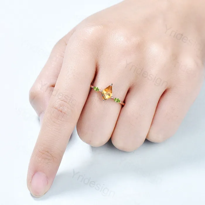 PENFINE Rings Dainty Kite Cut Citrine Engagement Ring Three Stone Simple Minimalist Marquise Peridot Wedding Ring For Women Unique Handmade Proposal Gifts PENFINE Rings Dainty Kite Cut Citrine Engagement Ring Three Stone Simple Minimalist Marquise Peridot Wedding Ring For Women Unique Handmade Proposal Gifts