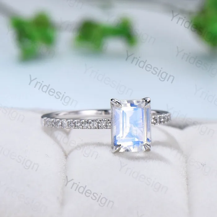 PENFINE Rings Rainbow Blue Emerald Cut Moonstone Engagement Ring 10k 14k 18k White Gold Pave Accent Diamonds Bridal Ring Antique Wedding Ring For Women PENFINE Rings Rainbow Blue Emerald Cut Moonstone Engagement Ring 10k 14k 18k White Gold Pave Accent Diamonds Bridal Ring Antique Wedding Ring For Women