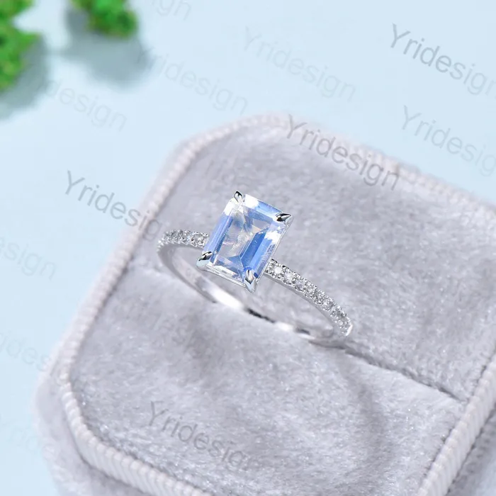 PENFINE Rings Rainbow Blue Emerald Cut Moonstone Engagement Ring 10k 14k 18k White Gold Pave Accent Diamonds Bridal Ring Antique Wedding Ring For Women PENFINE Rings Rainbow Blue Emerald Cut Moonstone Engagement Ring 10k 14k 18k White Gold Pave Accent Diamonds Bridal Ring Antique Wedding Ring For Women