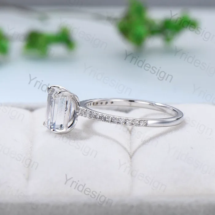 PENFINE Rings Rainbow Blue Emerald Cut Moonstone Engagement Ring 10k 14k 18k White Gold Pave Accent Diamonds Bridal Ring Antique Wedding Ring For Women PENFINE Rings Rainbow Blue Emerald Cut Moonstone Engagement Ring 10k 14k 18k White Gold Pave Accent Diamonds Bridal Ring Antique Wedding Ring For Women