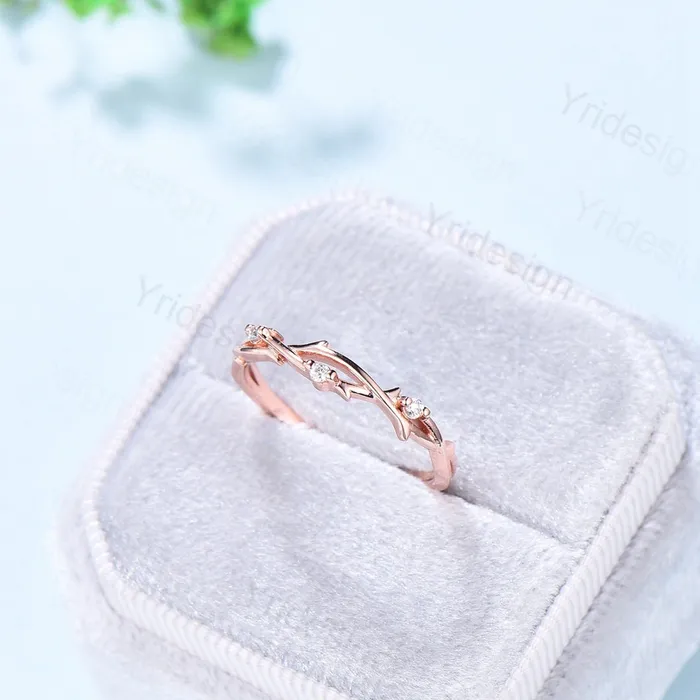 PENFINE Rings Twig Branch Diamond Wedding Wedding Band Women Solid Gold Unique Wedding Ring Leaf Vine Stacking Band Infinity Anniversary Matching Band